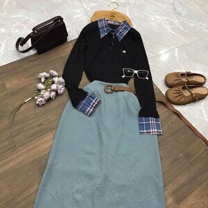 💙 Black Top Blue Plaid Collar Skirt Set Preppy